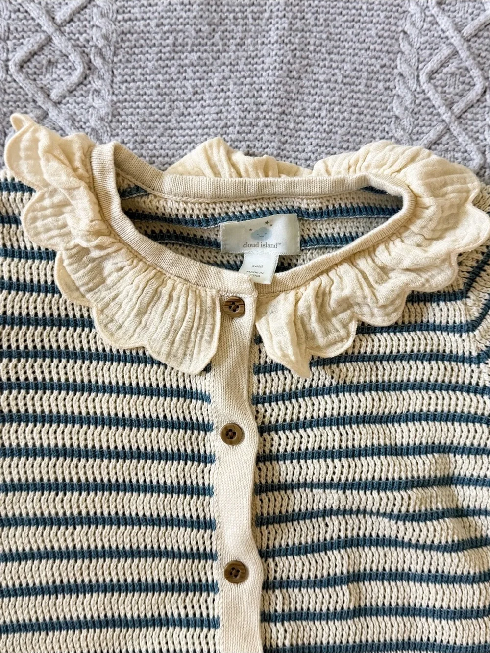 Cream and Blue Striped Ruffle Collar Knit Cardigan + Bloomers Matching Set 24M